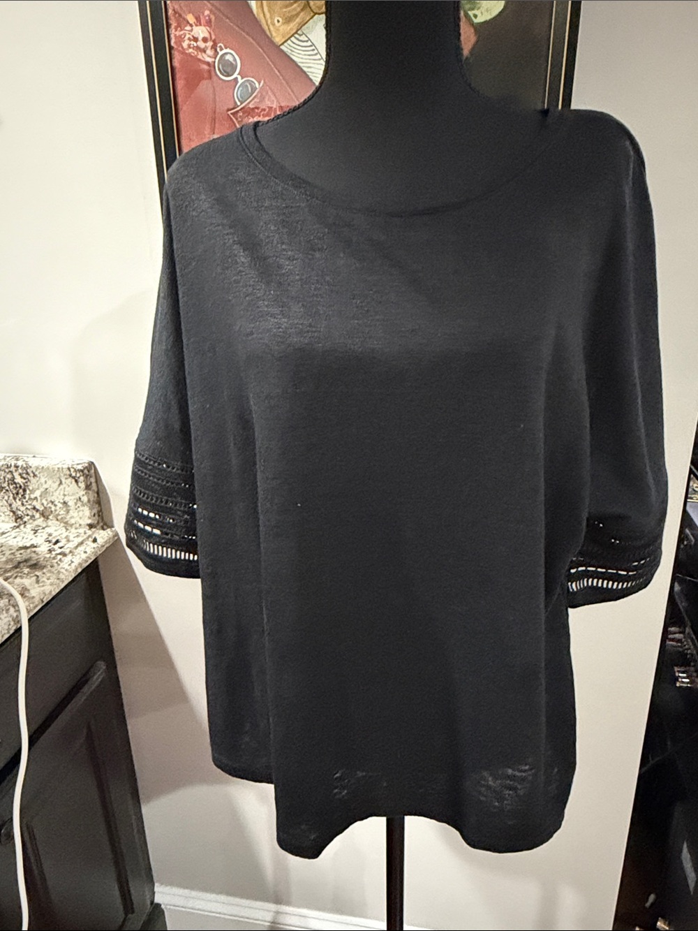 Chico’s Linen Black Women'sTop with Crochet Sleeve Detail Sz 3 USA Sz XL
